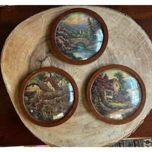 Vintage Bubble Glass Pictures English Cottage landscape set of 3 wood, wall art